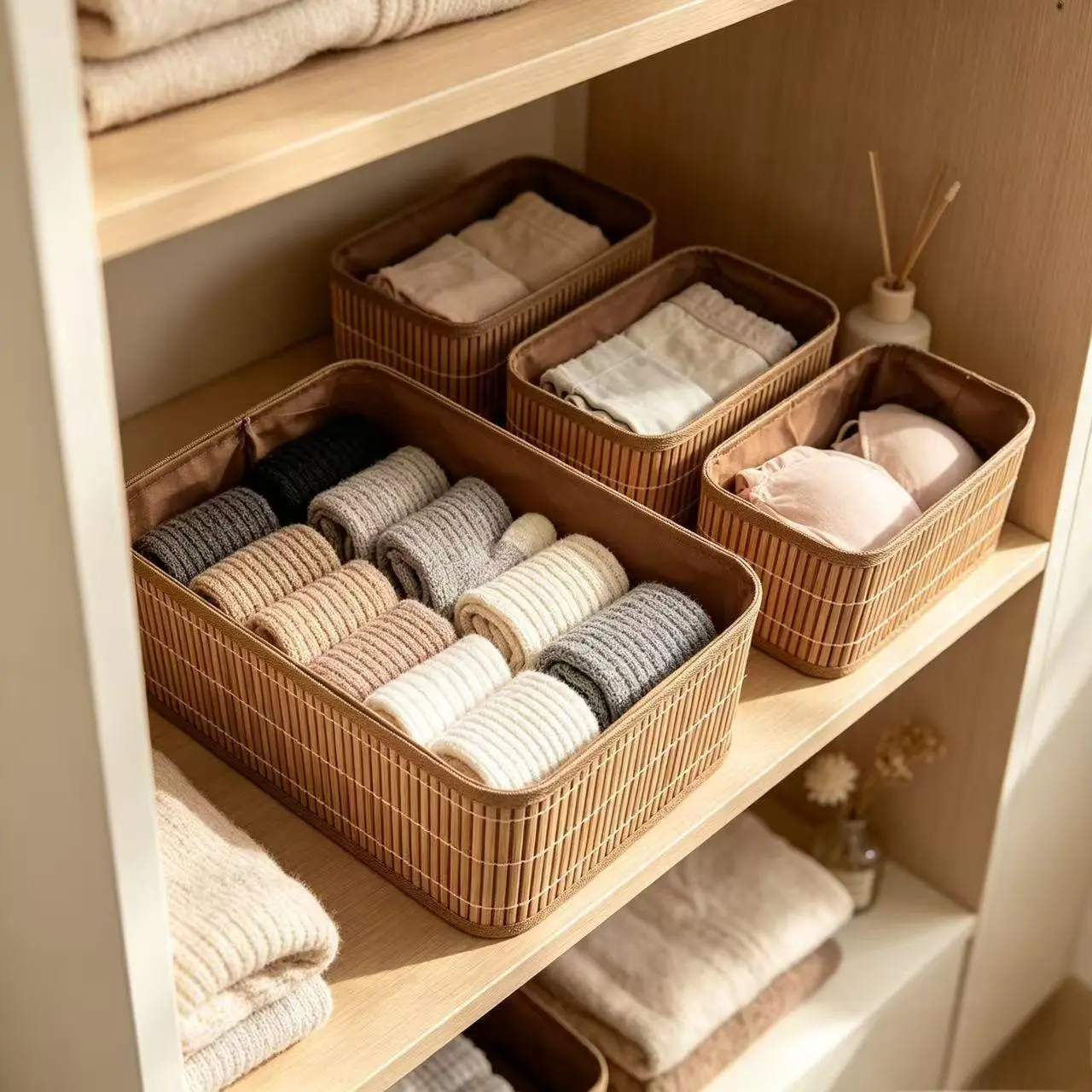 4-Piece Bamboo Woven Storage Basket Set, Fabric-Lined Storage Bins, Closet Drawer Organizers for Clothes, Underwear & Cosmetics, Natural Home Storage for Bedroom, Bathroom & Desk