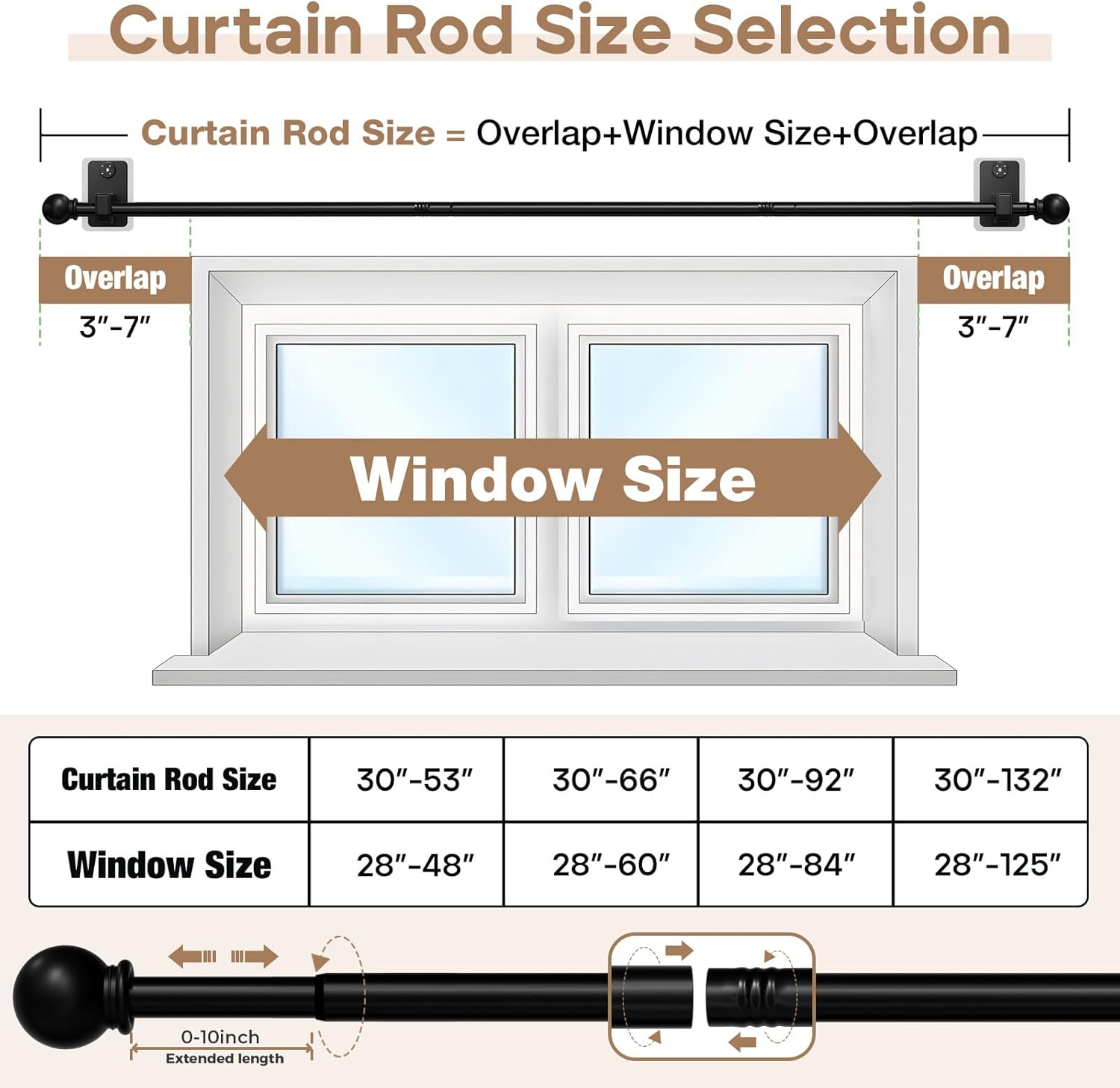 No-Drill Curtain Rod with Adhesive & Pin-Nail Mount System - Renter Friendly & Minimal Wall Damage, 5/8" Diameter Black Adjustable Rod for Windows 28 to 48
