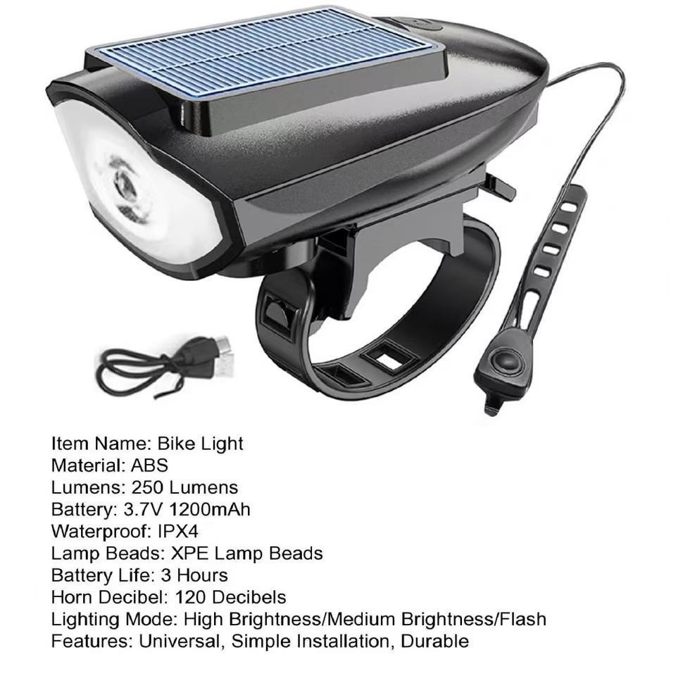 Solar Powered Bike Light, 1 Count Waterproof Bicycle Headlight with 120db Horn, High Brightness 80m Visible Floodlight Range USB Charging Bike Light