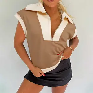 Women's Half Zip Collared Top - Colorblock Short Sleeve Casual Pullover Shirt