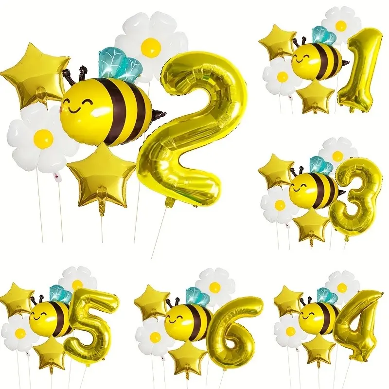 7-Piece Bee & Daisy Balloon Set, Party, Birthday Decoration, Includes 32-Inch Gold Number 1 & Two Gold Stars, Hawaiian Theme, Aluminum Foil, Sunflower, Balloon Party Supplies, Party Balloons Decorations