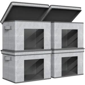 Foldable Fabric Storage Boxes Large Storage Bins with Lids [4-Pack] Collapsible Storage Cube Organizer, Closet & Bedroom Organization Containers, Home Storage Cube Box (Gray, 17“ x 12” x 12")