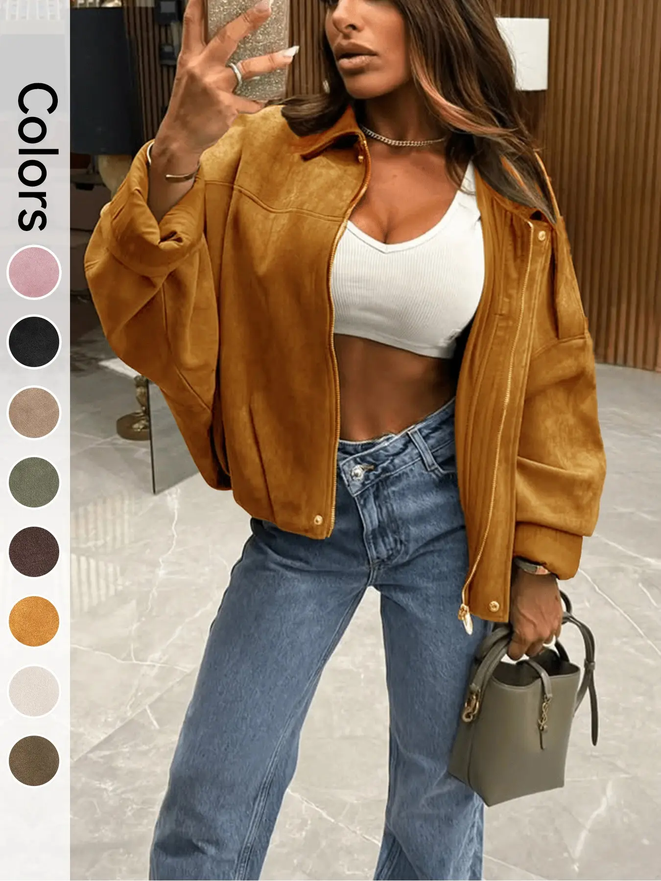 Women's Ultra-Loose Suede Flight Jacket, Casual Short Sleeve Zipper Design, Perfect for Fall & Winter, Comfortable Daily Wear