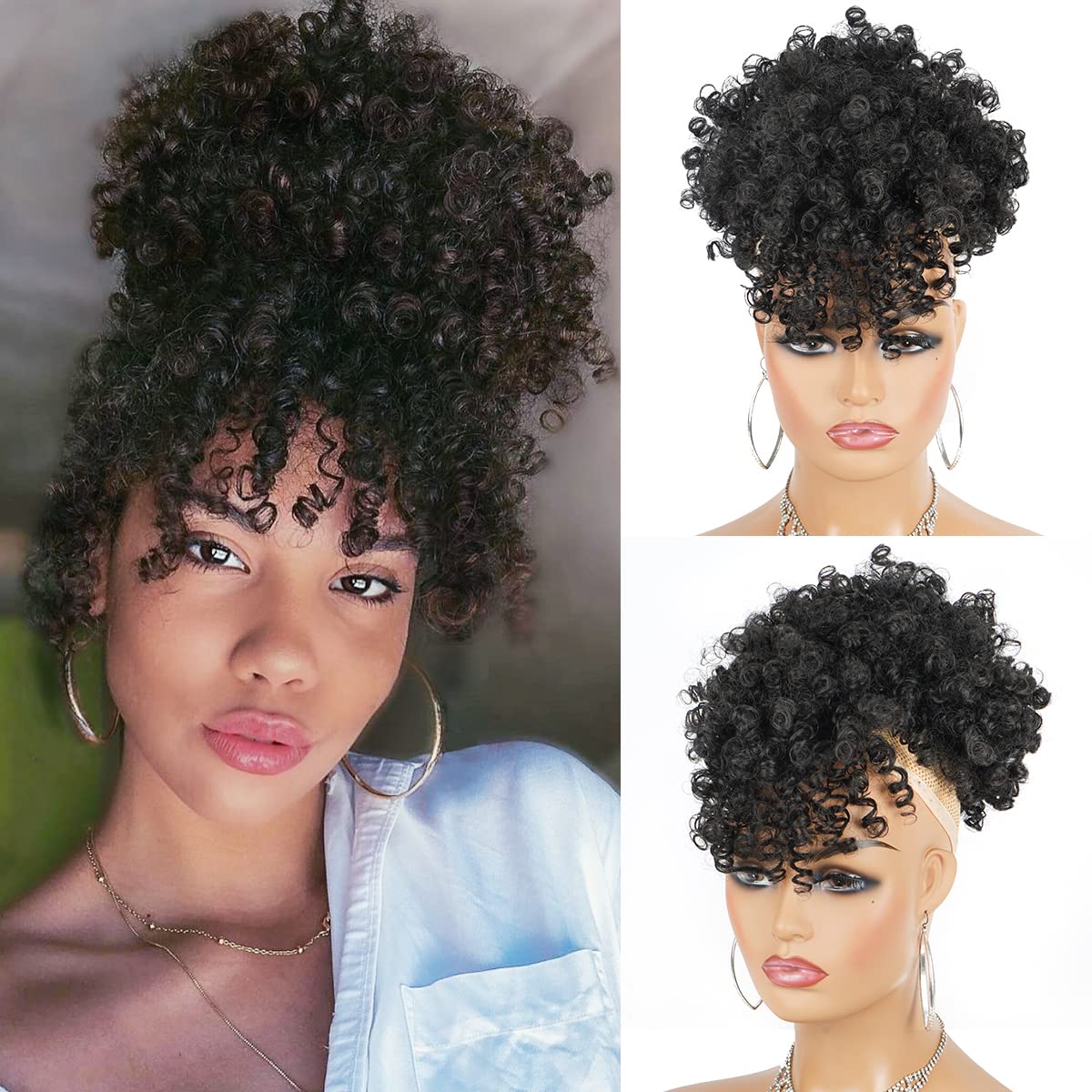 THE WELL KEPT Drawstring Ponytail with Bangs Pineapple Updo Hair for Black Women, Short Kinky Curly Ponytail Bun (1B)