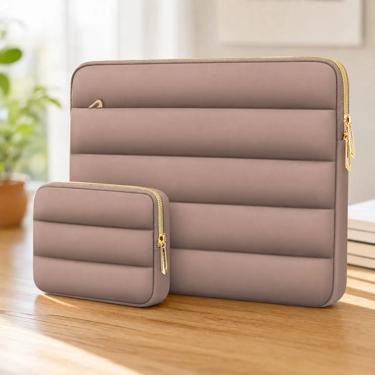Laptop Case 16 Inch, 15-15.6 Inch Puffy Laptop Sleeve Carrying Case Compatible with MacBook Pro 16, HP Dell ASUS Acer Toshiba Lenovo, Polyester Horizontal Bag with Small Case, BrownGift