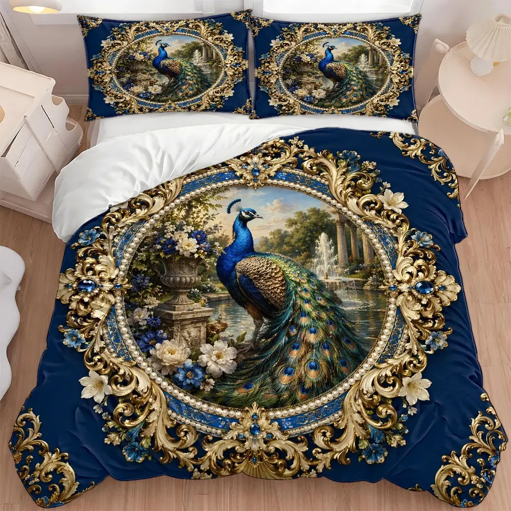 3PC European Palace Style Peacock Floral Duvet Cover Set - Double Bed Bedding (1 Duvet Cover + 2 Pillowcases), All-Season, Machine-Washable, Invisible Zipper, Ideal for Home, Dormitory gift coastal soft furnishing queen comforter lightweight quilt cozy sl