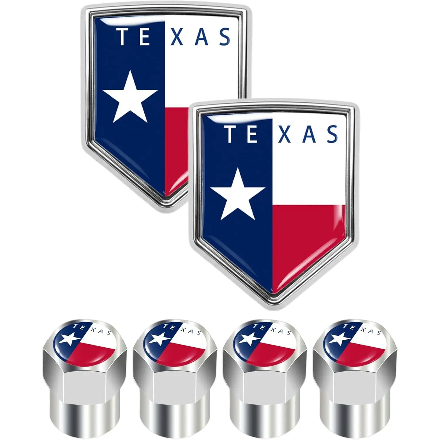 2-Pack Texas Flag Shield Decals & 4-Pack Valve Stem Caps Set, 3D Glossy Car Accessories with Full Color and Black White Styles, Universal Vehicle Decor for Cars Trucks SUVs