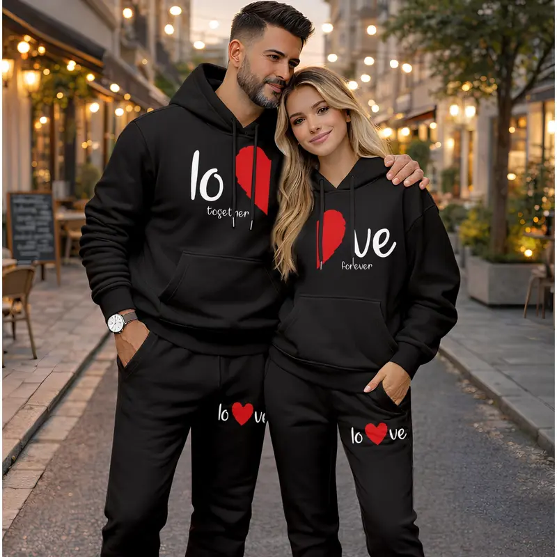 Couple's LOVE Print Hooded Sweatshirt and Drawstring Sweatpants Set, Casual Sportswear, Long-Sleeve Hooded Jacket and Pants, Suitable for Autumn and Winter, Everyday Wear, Tracksuit, Casual Athletic Wear