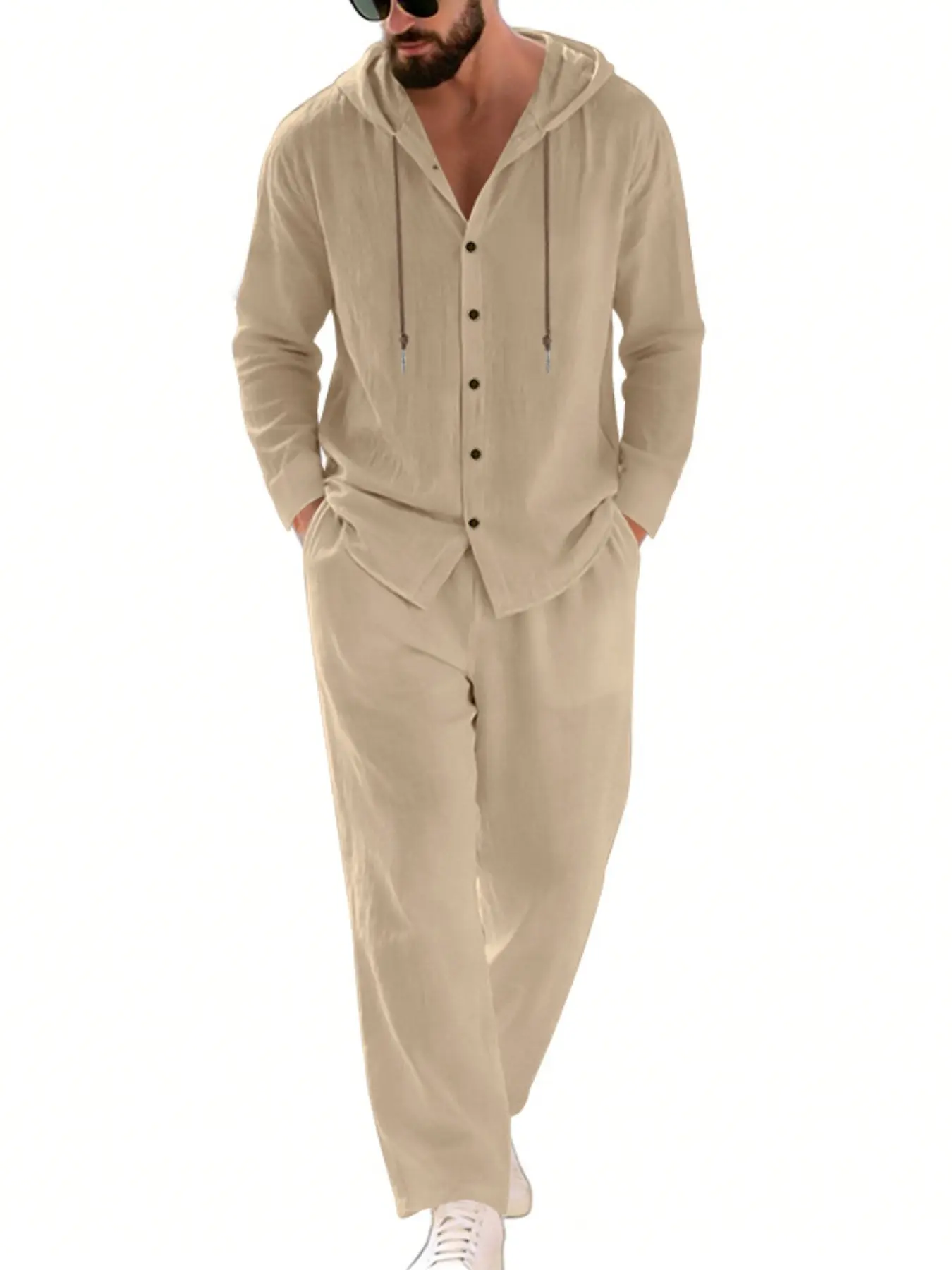 2026 Spring Summer Loose Relaxed Fit Breathable Linen Hooded Long Sleeve Shirt Beach Cardigan Casual Menswear Set, Comfortable, Fashionable and Stylish