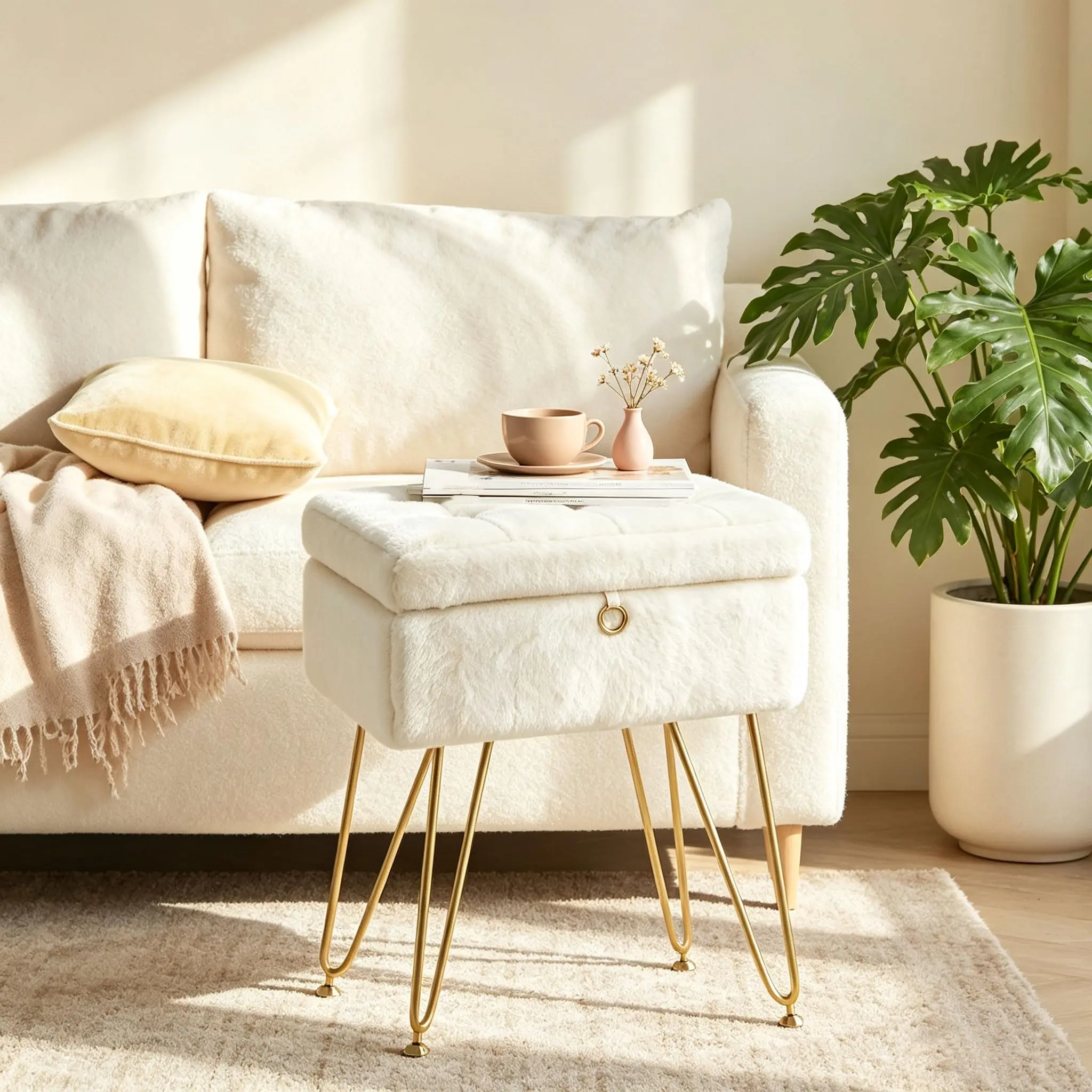Vanity Stool with Storage – Faux Fur Makeup Ottoman, Hidden Storage Bench with Flip-Top Lid for Bedroom & Living Room, Easy Assembly