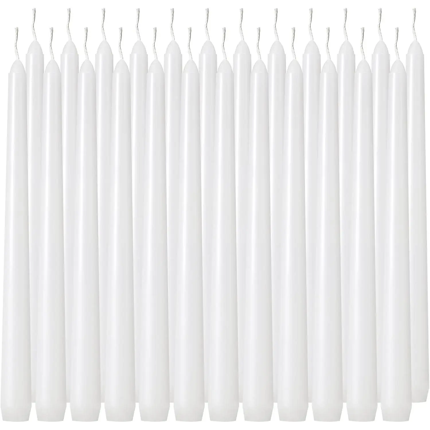 24-pack white tall tapered candles, 10inch (height), non-drip wax, unscented dinner candles, smokeless tapered candles, paraffin material, cotton wick, 8-hour burn time
