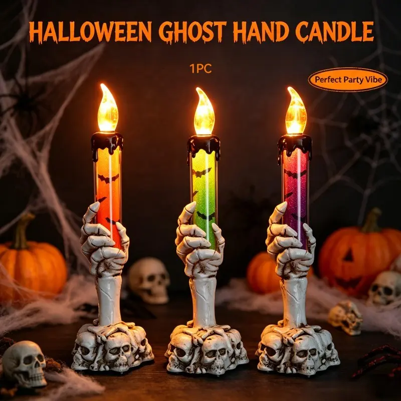 1pcs Skeleton Hand Candlestick Ghost Hand Decorative Candle Holder Spooky Gothic Aesthetic Dark Academia Skull Base Orange Bats Dripping Wax Effect Goth Home Decor Halloween Party Room Makeover TikTok Shop Finds Summerween, Candlestick Holders