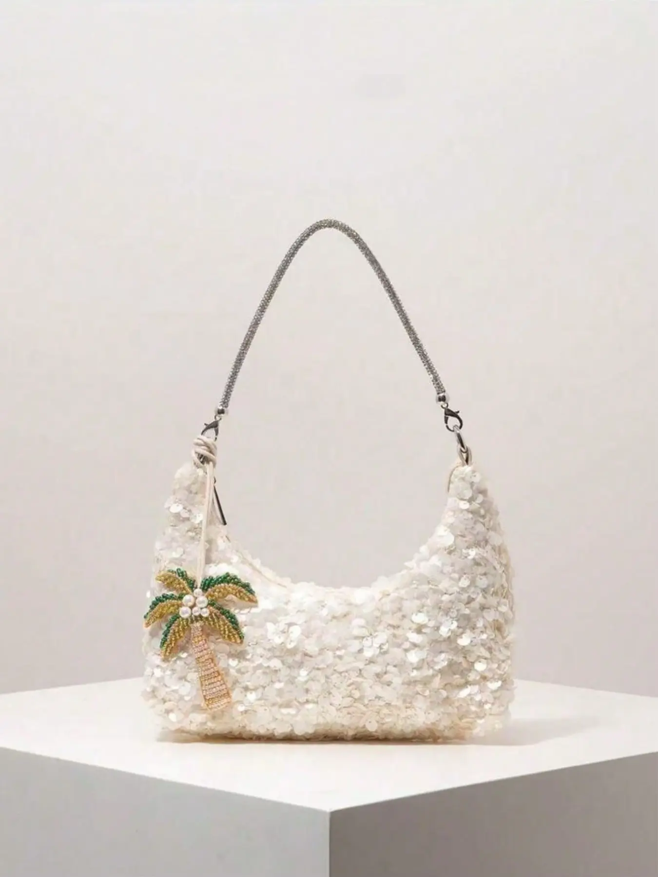 Elegant Summer Cream White Full Shimmer Sequin Crescent Hobo Shoulder Bag Hand Beaded Palm Tree Coconut Charm Handbag Underarm Purse with Detachable Rhinestone Strap, Beach Vacation Women Y2K  Trendy Holiday Photo Bag, Summer Essential