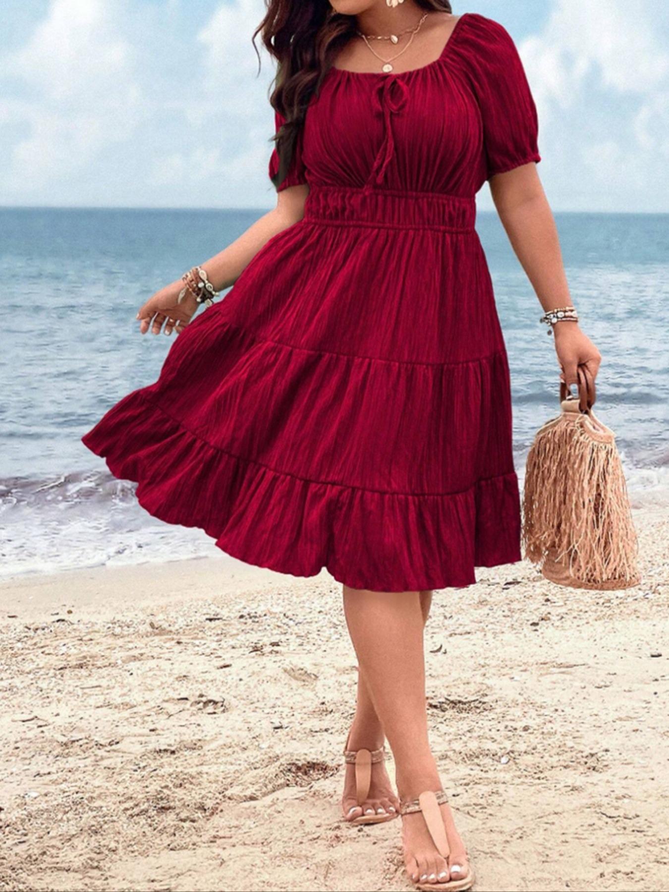 【Plus Size】 Solid Tie Front Dress, Plus Elegant Short Sleeve Dress for Summer, Women's Plus Clothing for Beach Holiday, Plus Size Tummy Flattering Dresses, Casual Fashion Dress, Boho Style Dresses