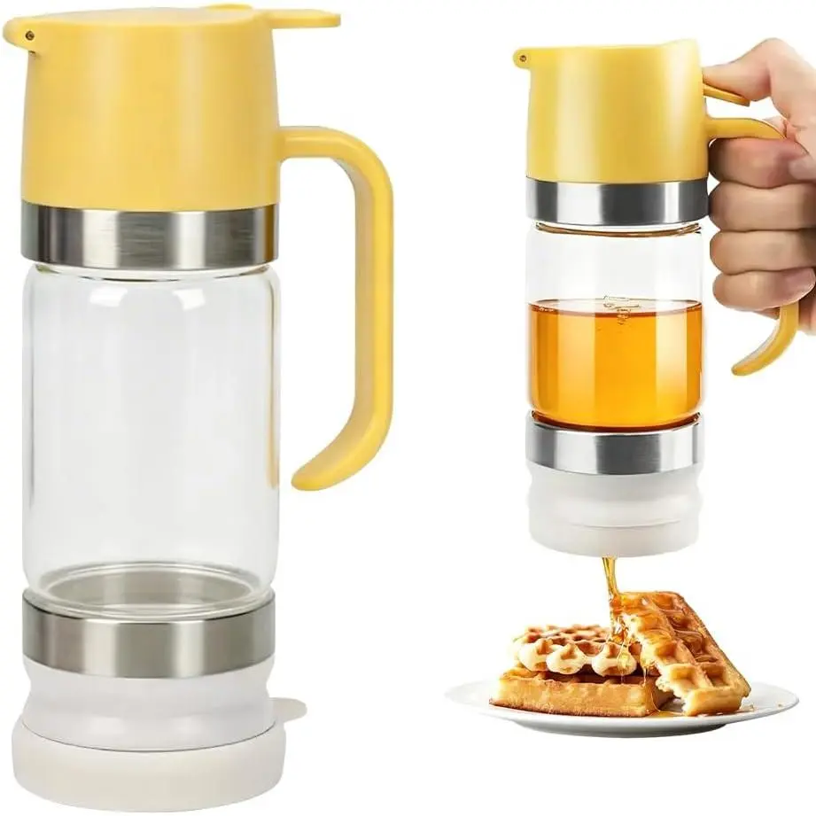 Honey Dispenser, Honey Dispenser No Drip 11 oz Glass Honey Jar with Handle & Base, Easy Pour Syrup Dispenser, No-Mess for Coffee, , Waffles & Desserts, Yellow