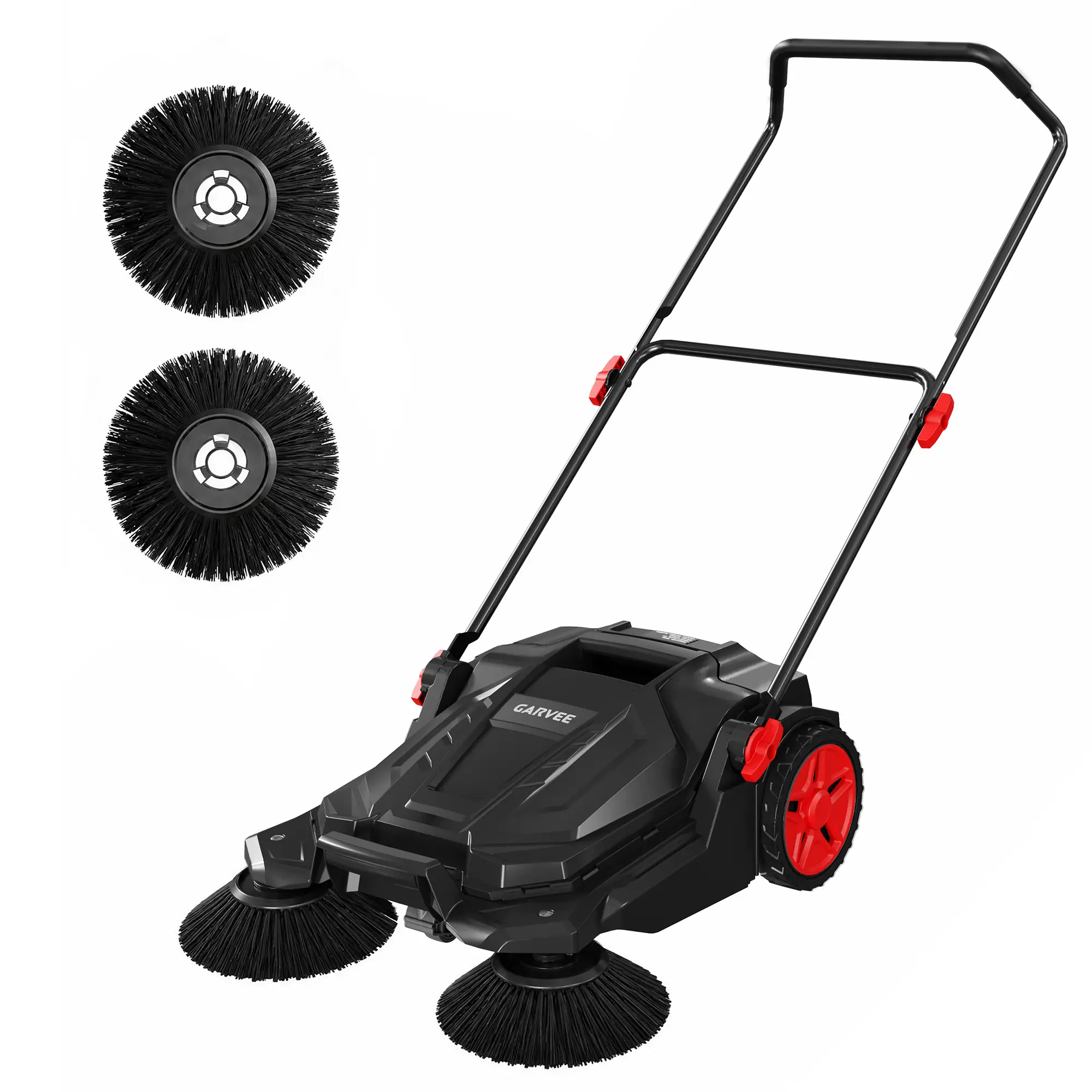 Garvee Non-Electric Walk-Behind Push Floor Sweeper, 25.6 in Wide Cleaning Path - Dual Side Brushes - 5-Gallon Waste Bin - Adjustable Folding Handle for Driveway, Patio, Yard & Garage