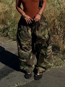 New American Retro Camouflage Wide Leg High Waist Pants, Loose Fit, Baggy, Pleated, Flowy, Casual, Floor-Length Straight Leg Long Pants