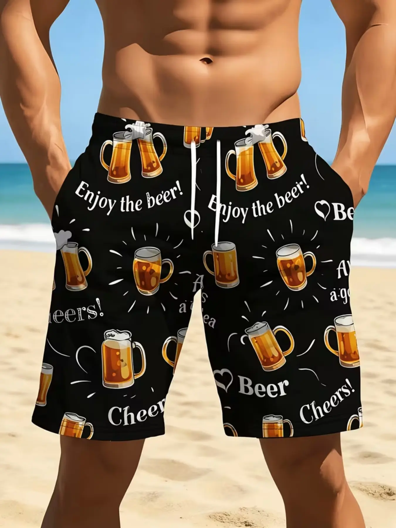 Men's Casual Geometric Print Shorts, Elastic Fabric, Summer Outdoor Comfort, Trendy Design, Fitted, Unlined, Short Length, All over Print