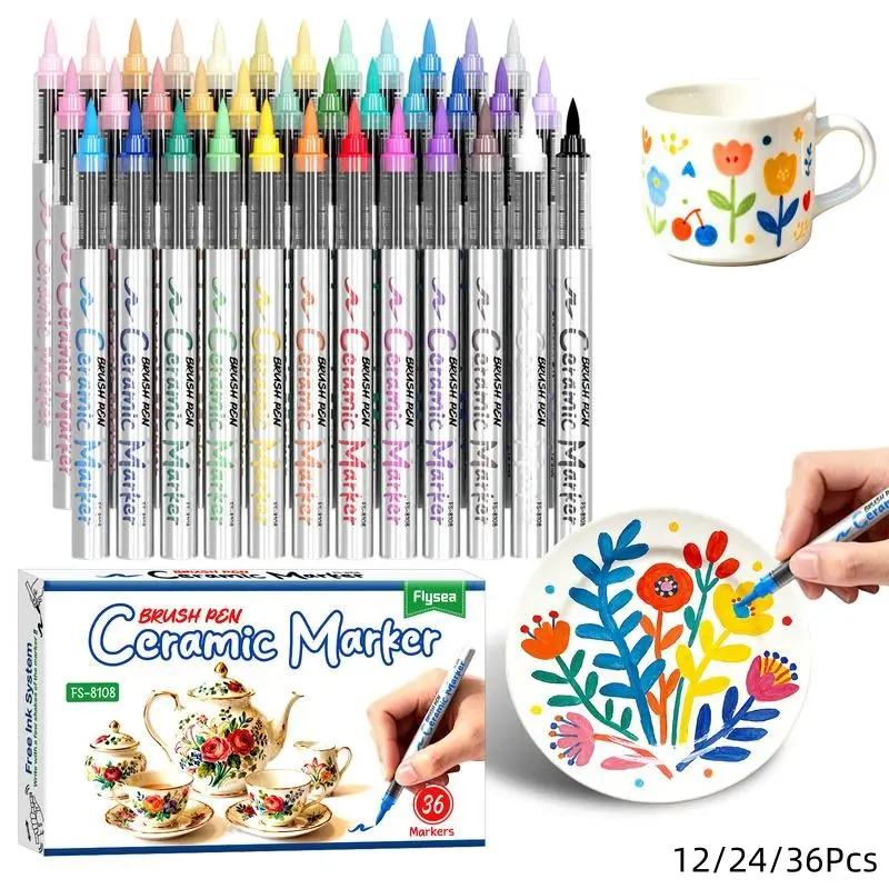 36 Colors Ceramic Markers for Painting, Soft Brush Tip Acrylic Paint Pens, Permanent Porcelain Paint Markers for Glass, Cups, Mugs, Ceramic Surfaces, Fade Resistant Ink