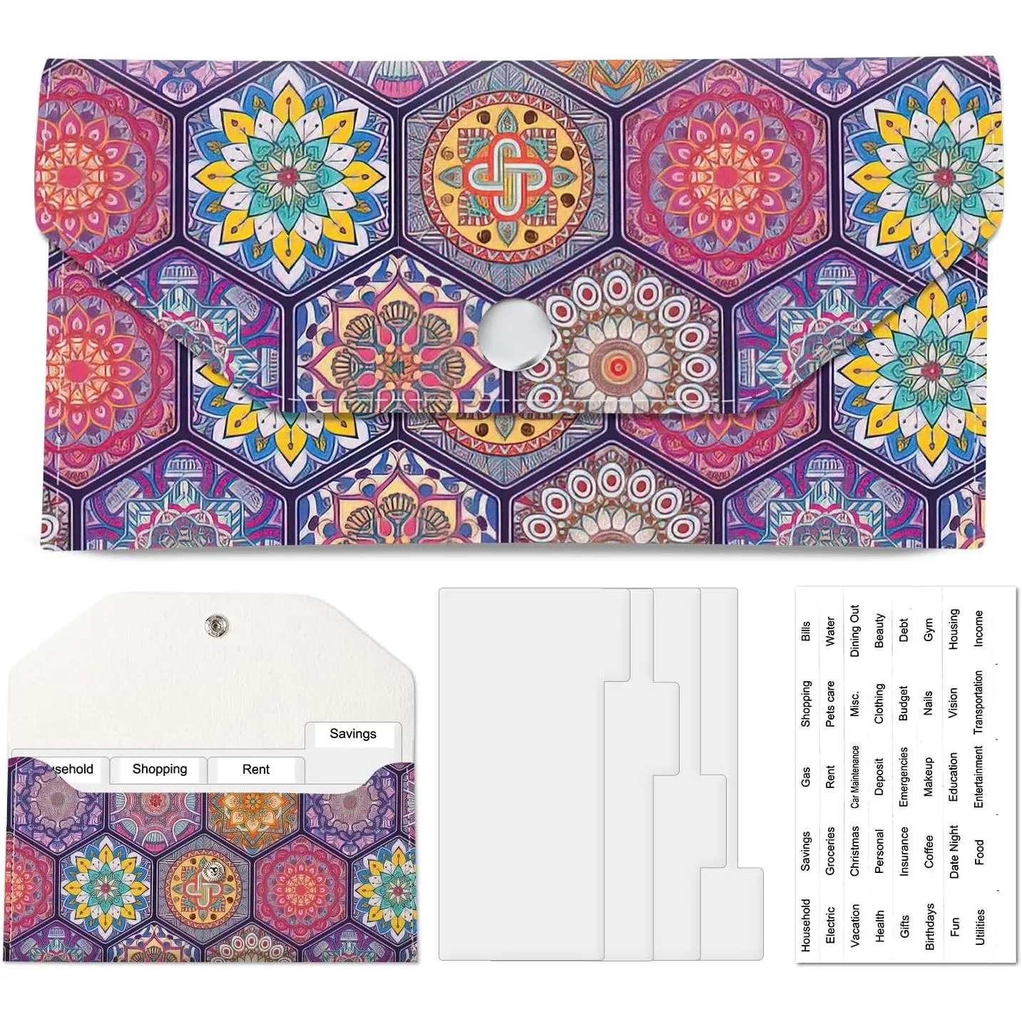 PU Leather  Envelopes Wallet,   Savin Wallet, Cute Budget Envelope with 4 Dividers & 1 Sheets Budget Labels Colorful Mandala Tile