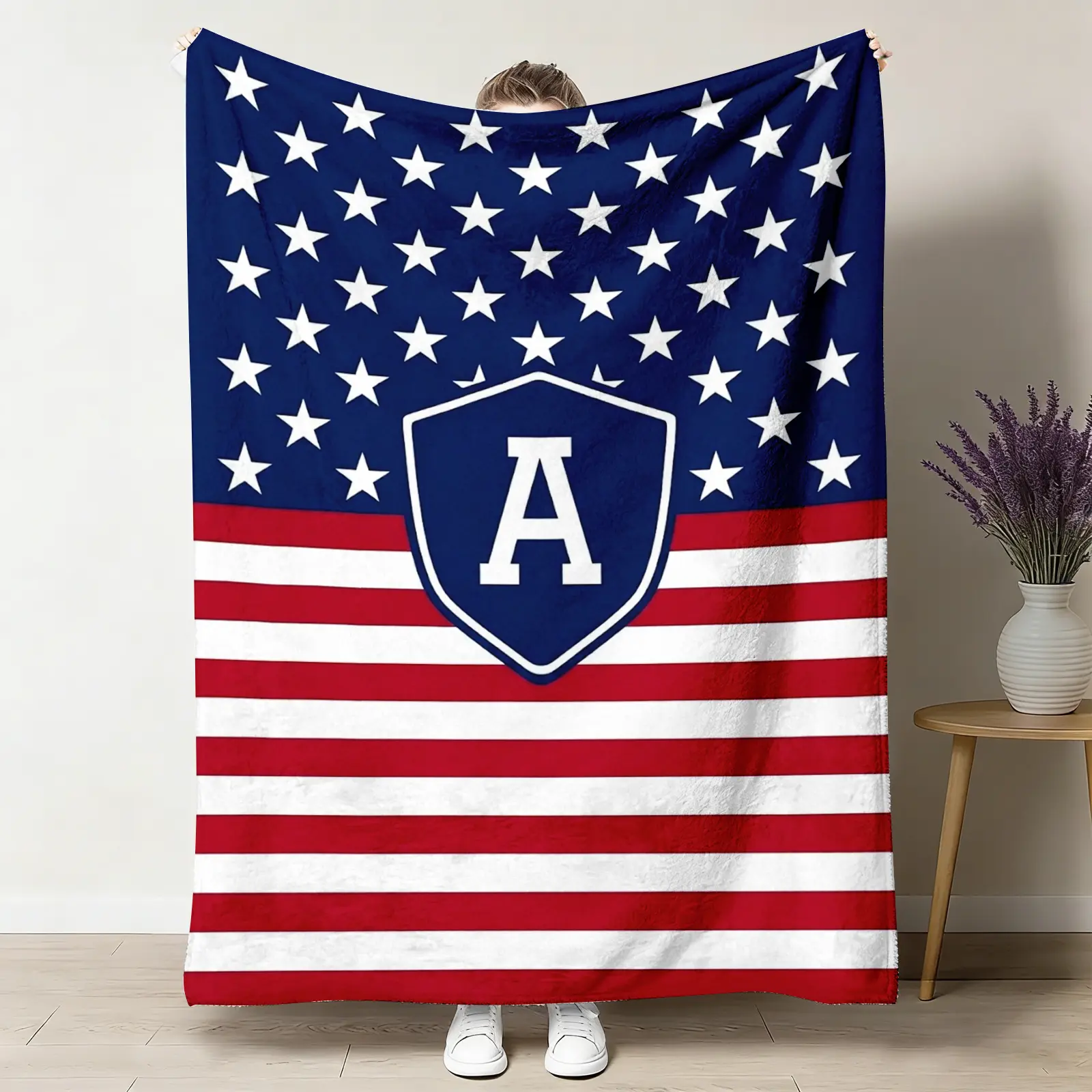 Custom Letter A American Flag Shield Throw Blanket, Patriotic Monogram Flannel Blanket, Soft Cozy Warm Throw, Personalized Design, Gift for Him Her Veteran, July 4th Military Keepsake Couch Bedroom Decor ﻿ holiday monthersday ultra-soft comfortable