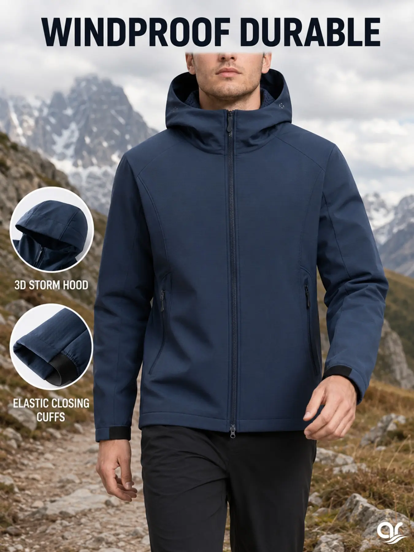 AR Men's Hooded Softshell Jacket, Windproof Lightweight Fleece Lined Full Zip with Zip Pockets for Hiking, Cycling, Camping, Travel & Daily Wear