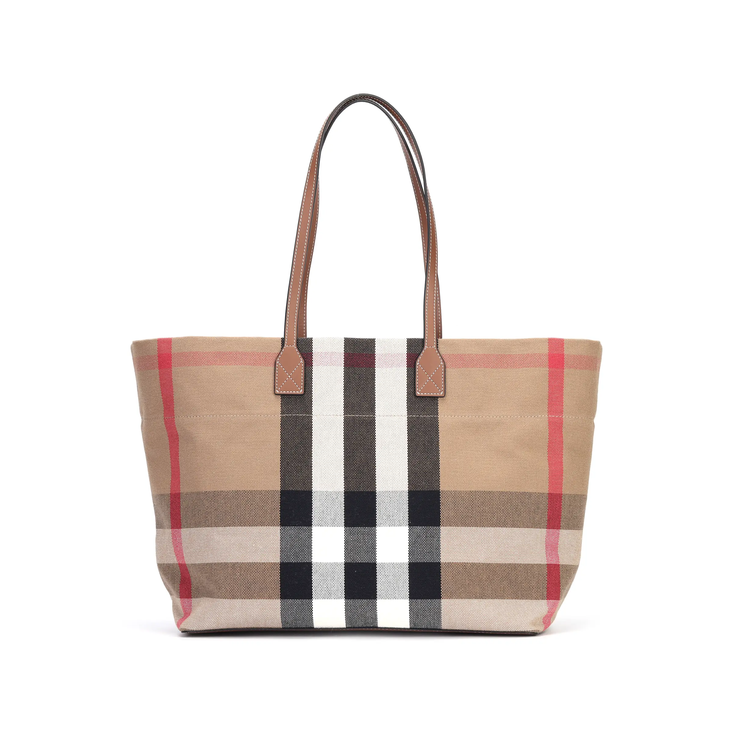 Burberry Striped Tartan Tote Bag for Women – Cotton Handbag in Birch Brown