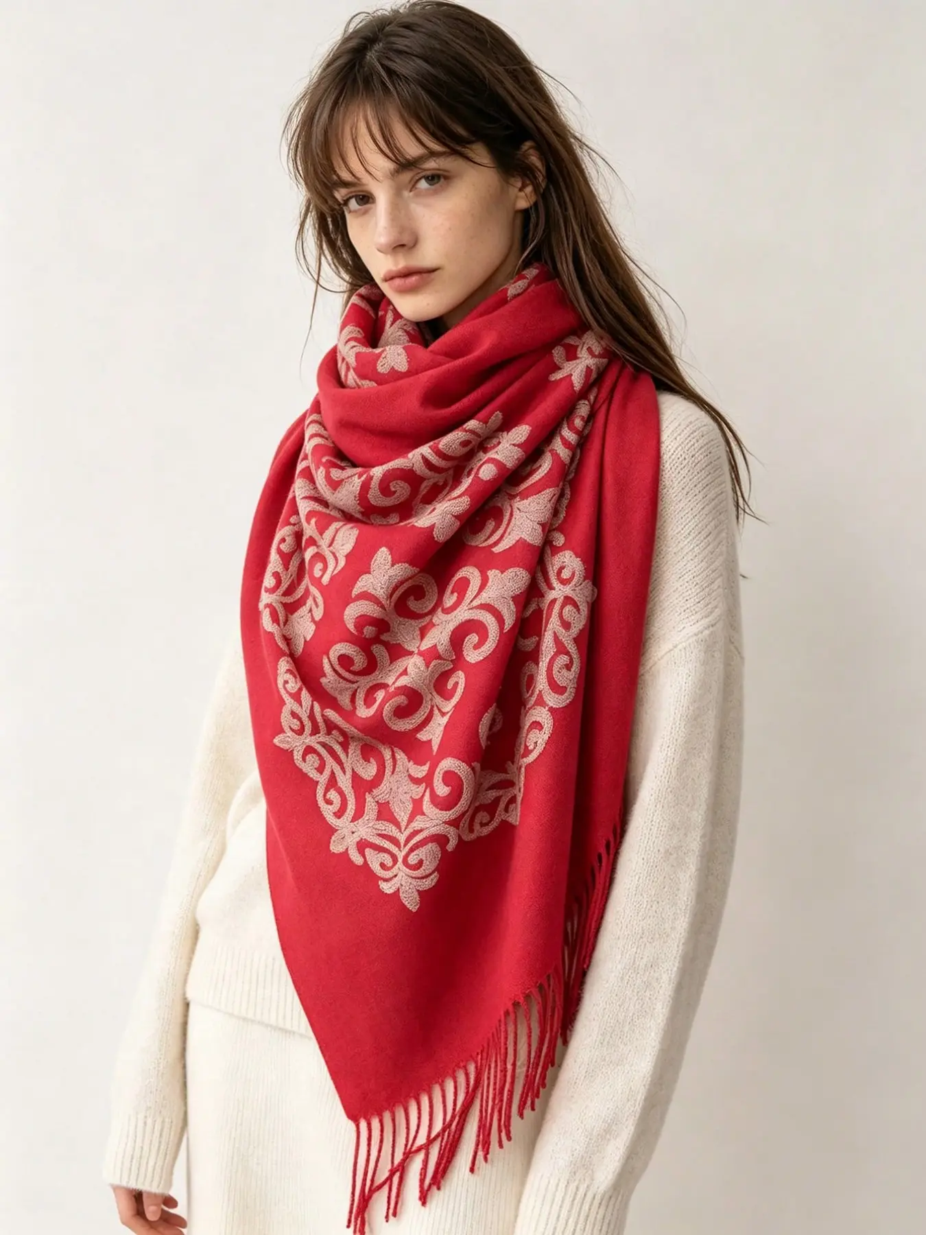 Vintage Floral Embroidered Fringe Scarf, Thickened Faux Cashmere Warm Shawl, Long Colorful 3D Flower Scarf for Fall Winter, Gift Wrap