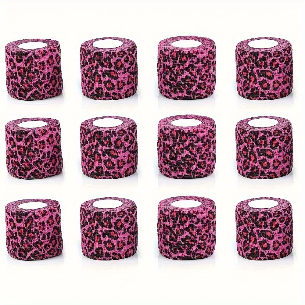 12 High-Quality Pink Leopard Print Athletic Tape - 5.0cm Wide x 15.75ft Long Unisex Disposable Bandages, Long Length Stretch Fit, Breathable Sweat-Proof Light Beige Material, Ideal for Sports & Personal Care