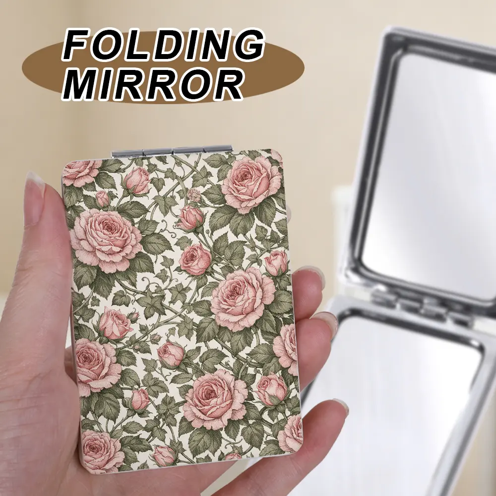 1Pc Vintage Pink Rose Print Compact Mirror, 1X/2X Magnifying Folding Portable Pocket Makeup Mirror, Small Travel Makeup Mirror for Purse Daily Use Outdoor, Cottagecore Aesthetic Gift for Women Girls