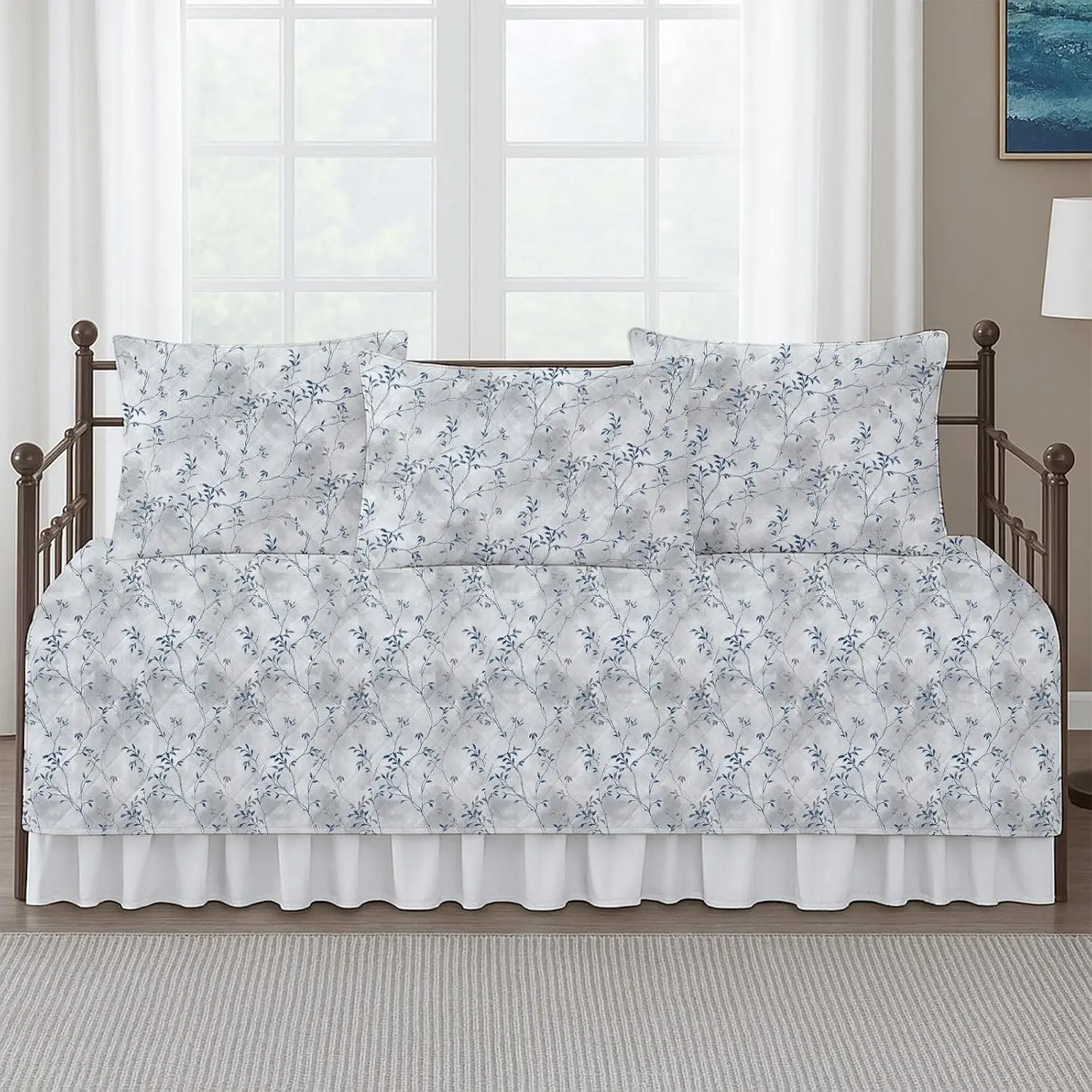 Twin Daybed Cover Sets, Brushed Microfiber 5 Piece Quilted Bedding Set with Ruffled Daybed Skirt & 3 Matching Pillow Shams, Soft, Durable, All-Season Cozy Comfort, Neutral Nature