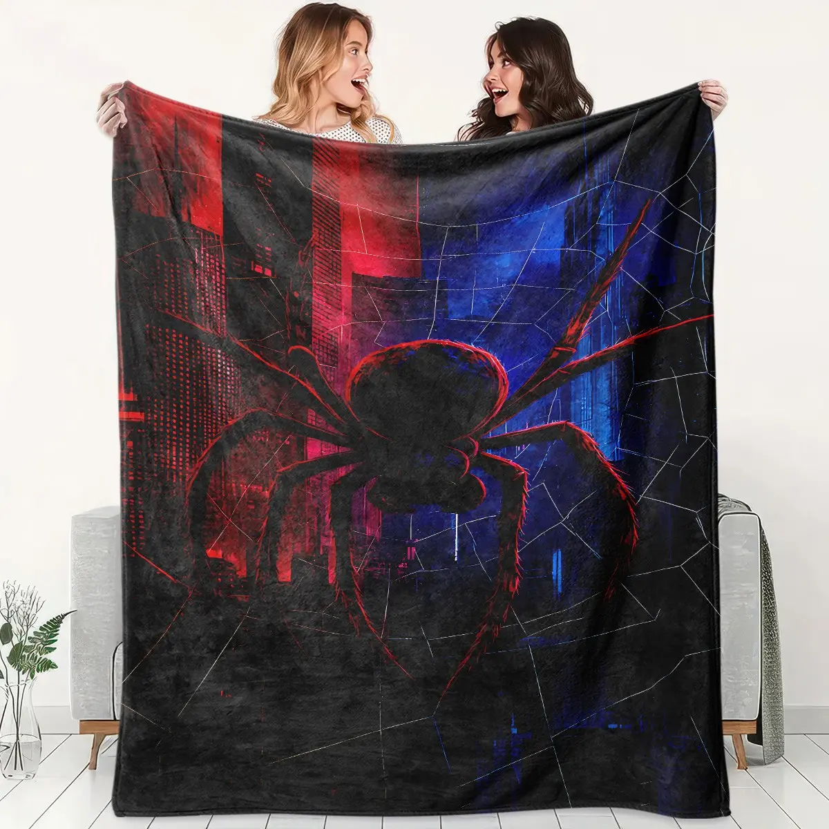 1pc Red Blue Contrast Cyber City Spider-Man Superhero Themed Flannel Blanket, Full Print Giant Red Black Spider, Transparent Spider Web, Neon Skyscrapers, Red Blue Gradient Light, Rainy City Buildings, Dark Oil Painting Texture, Grid Lines Gothic Dark. So