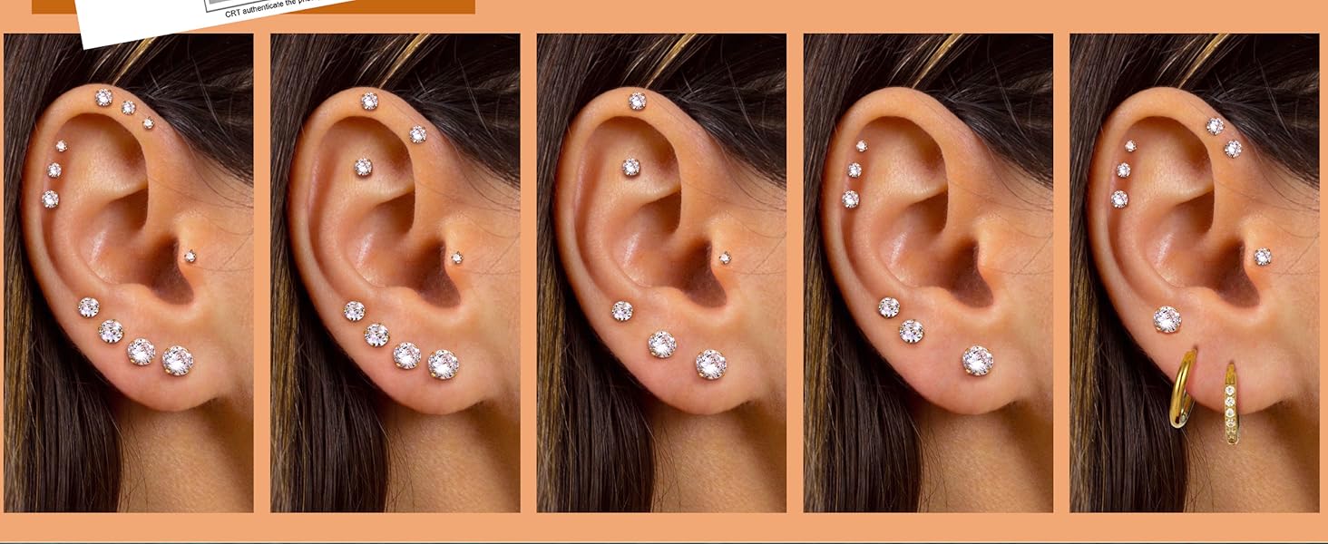 Besteel Stylish 20G Hypoallergenic Flat Back Earrings- Dainty and Comfortable Silver/14K Gold/Stainless Steel Studs, Birthstone & CZ Studs