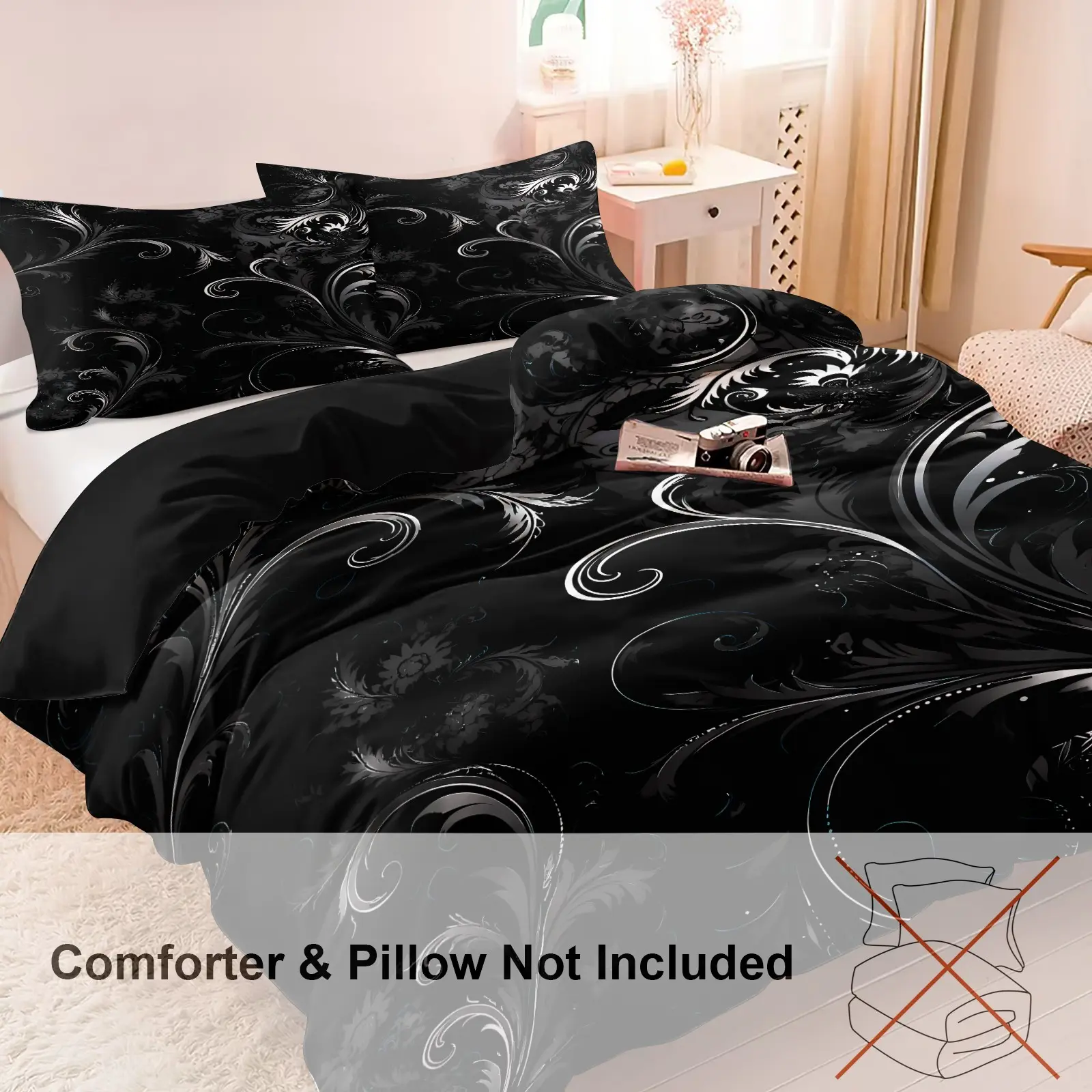 3PCS Black Silver Baroque Floral Scroll Graphic Decorative Bedding Set, Duvet Cover Sets, Includes 1 Duvet Cover (No Insert) + 2 Pillowcases, Soft Comfortable Breathable All Seasons, High Definition Digital Print, Vintage Gothic Style Home Decor