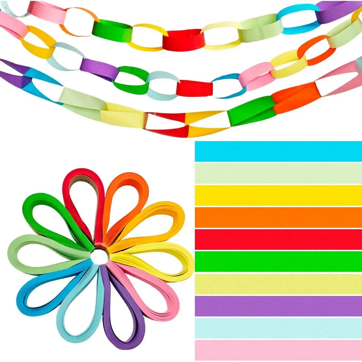 800 Paper Chain Garland - Bright Multicolor Paper Chain Strips | with Double Sided Tape for Crafting DIY Birthday Wedding Festival Theme Party Decor