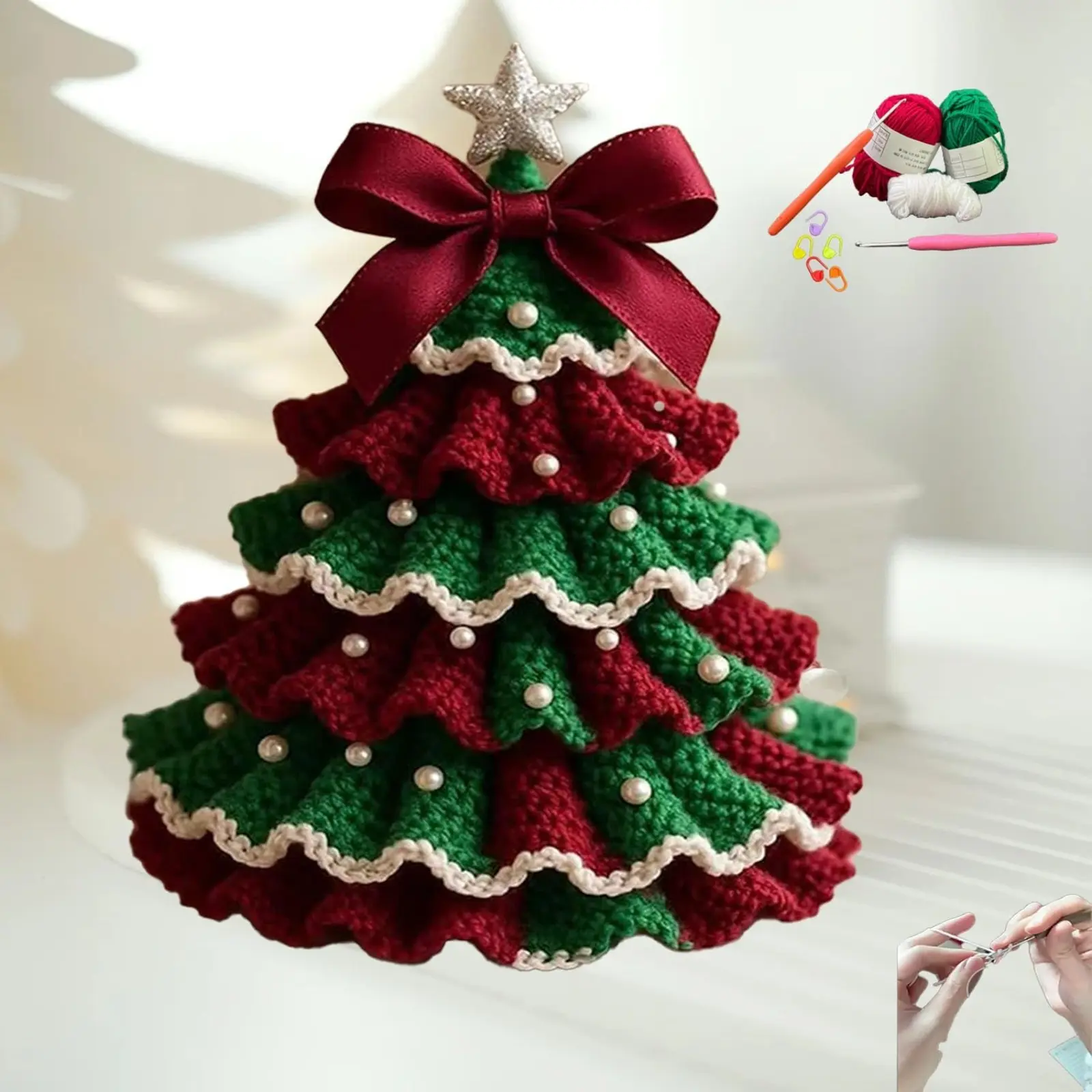 DIY Crochet Christmas Tree Kit,Handmade Crochet Christmas Tree,Tree Bow Pearl Embellishment,Beginner Christmas Crochet Kit,Christmas Craft Kit Gifts For Friends.
