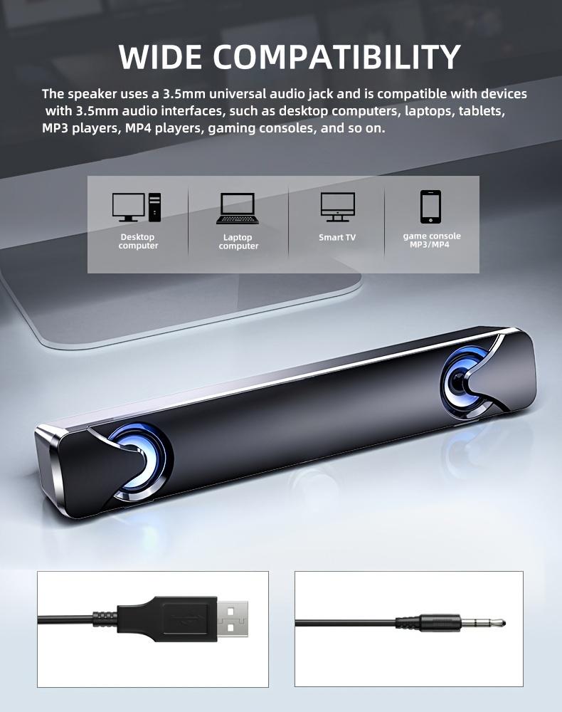 Computer Speakers, Soundbar, Desktop Computer Speakers, Laptop Speakers, Desktop Speakers, Wired Connection, with LED Ambient Light, USB Interface Power Supply, Suitable for Devices with 3.5Mm Audio Interface Connection, Such As: Computers, Tablets