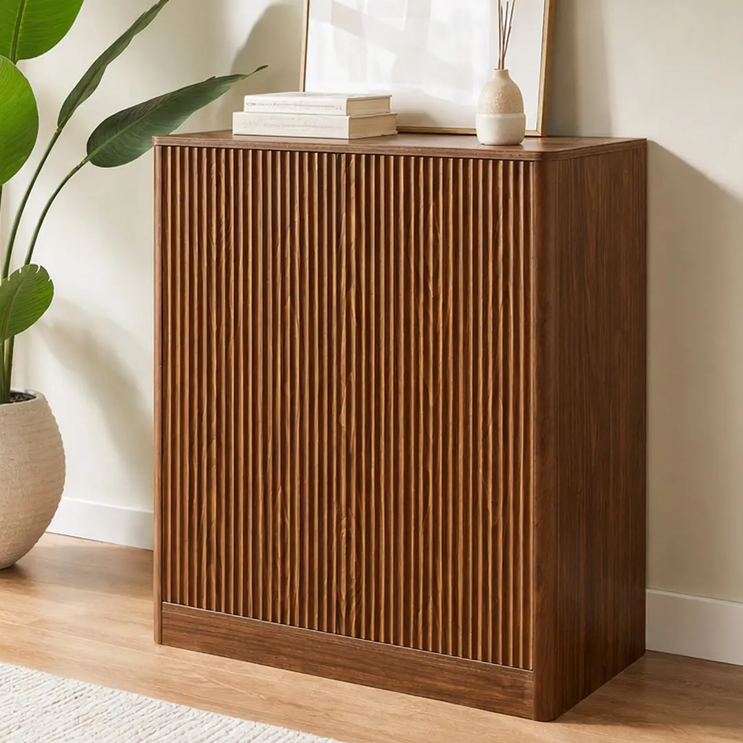 ARCH Wave-Shaped Curved Front Panel Cabinet Sideboard - Country Rustic Vintage Indoor Cupboard, 2-Door Storage Buffet Credenza, Walnut MDF, Easy Setup DIY Assembly, Single Box, 15.7"W x 34.3"D x 34.3"H, Push-to-Open, for Living Room Dining Room