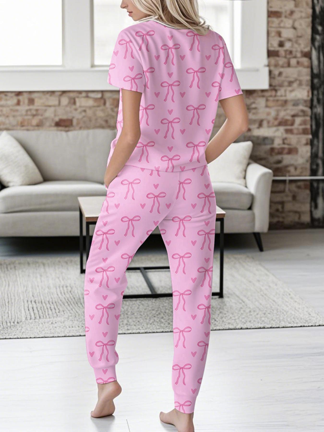 Women's Bow Print Tee & Pants Pyjama Two-piece Set, Casual Comfy Round Neck Short Sleeve T-shirt & Trousers Pj Set, Ladies Sleepwear for All Seasons, Loungewear, Pajamas, Nightwear Lounge Set