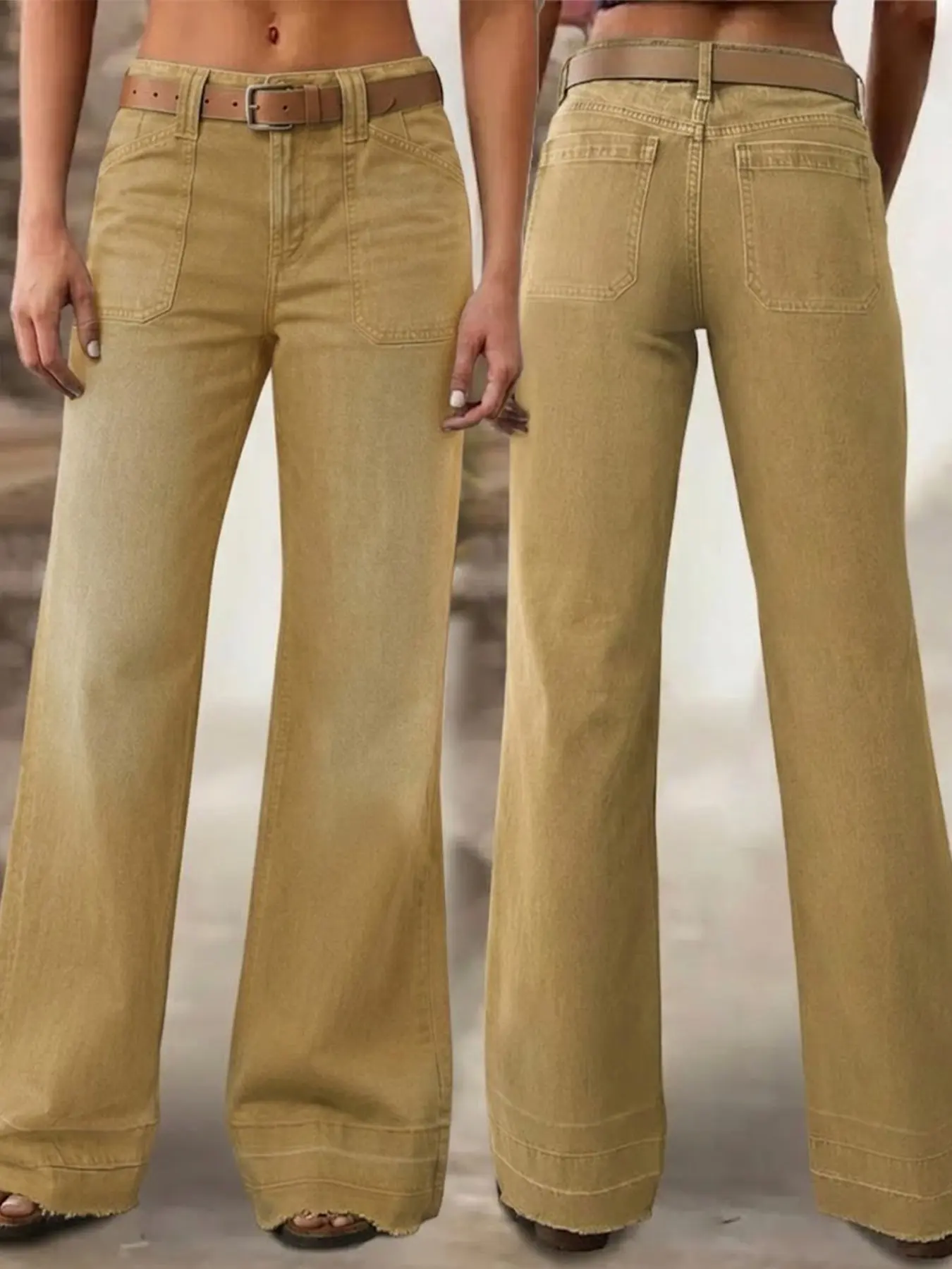Women's Light Flare Jeans, High Waist Pockets Frayed Boot Cut, Casual Y2K Style Long Pants, Loose Fit, All Seasons