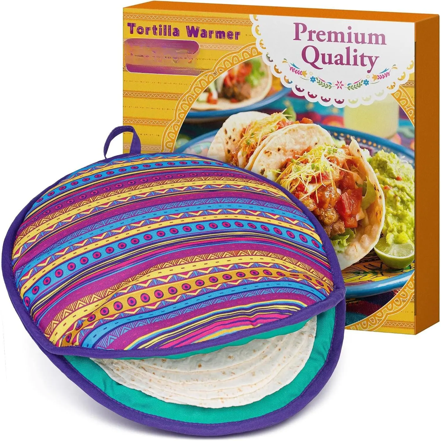 12” Tortilla Warmer Pouch, Microwavable, Insulated Fabric, Multicolor Print