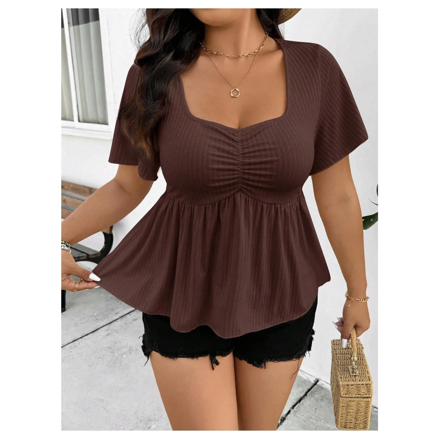Women's Plus Size Knitted Peplum Top - Comfortable Basic Short-Sleeve Ruched Babydoll T-Shirt for Casual Wear, Going Out, Shortsleeve