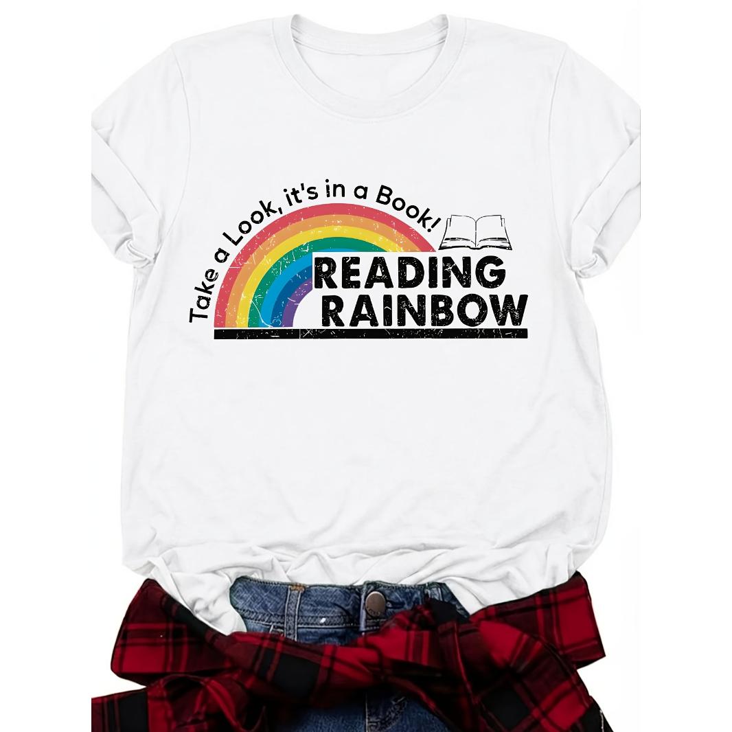 Women's Rainbow Reading Lover Graphic T-Shirt, Cute Teacher & Librarian Short Sleeve Apparel, Aesthetic Bookworm & Literacy Gift Fashion Top, Soft Breathable Casual Summer Top, Viral Trendy Retro Academic Statement Streetwear Crew Neck