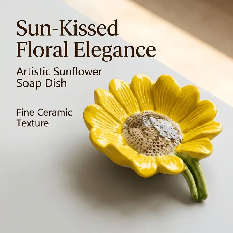 Sunflower Ceramic Soap Dish, Hand-Painted Floral Bathroom Soap Holder, Non-Slip Drain Tray, Compact Size, Home & Bath Decor
