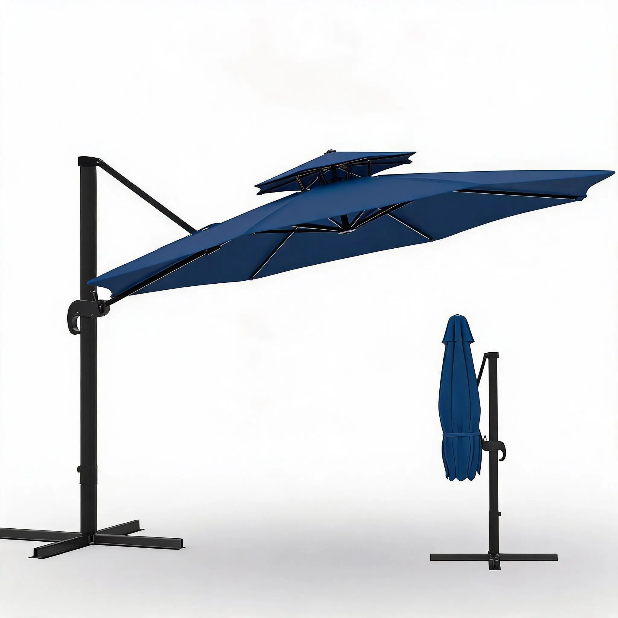 3m Double Top Round Patio Umbrella, Oxford Fabric Table Sun Shade with Iron Ribs, 118" Diameter Large Canopy for Backyard & Poolside