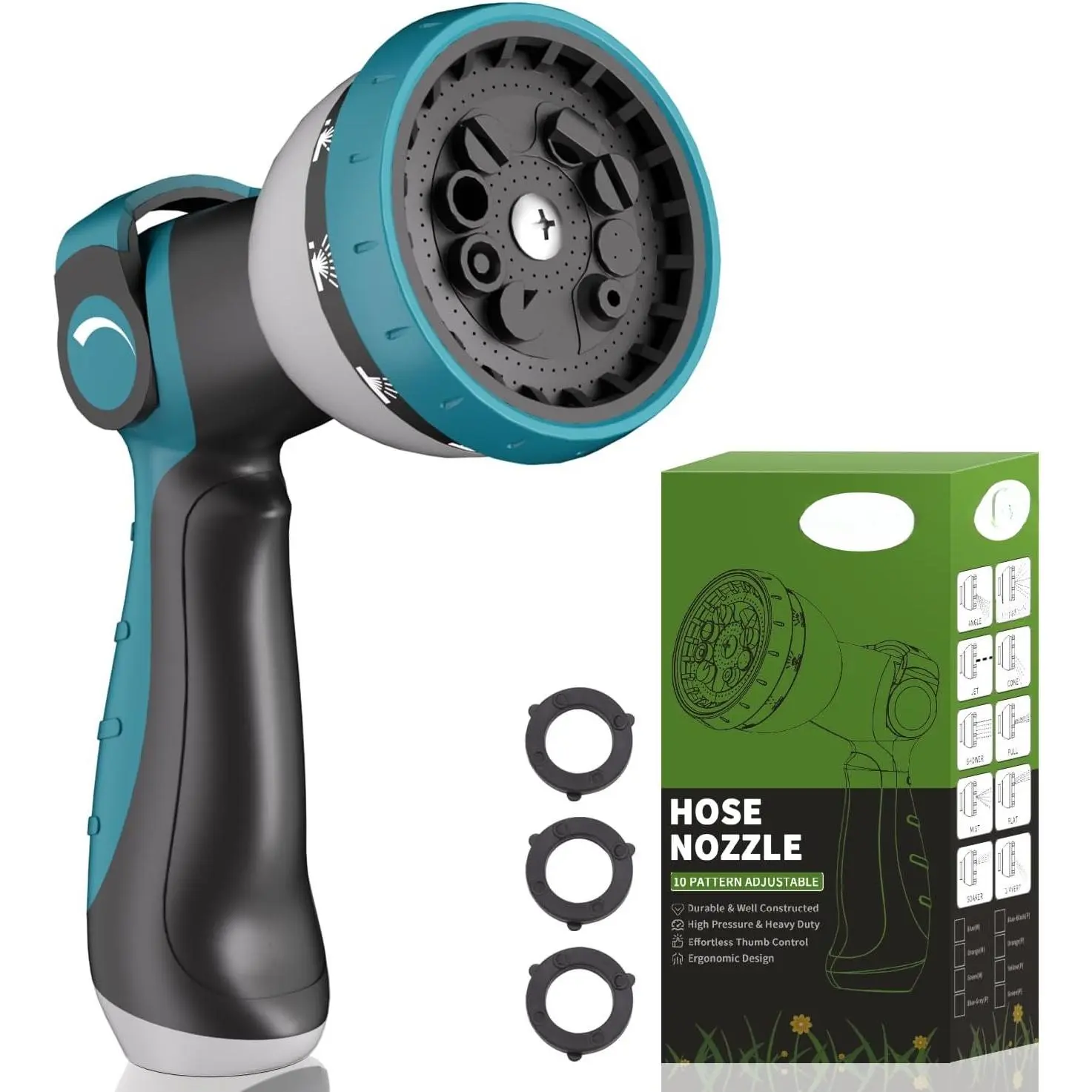 Hose Nozzle, Garden Hose Nozzle with 10  Patterns, Thumb Control  Off Valve, Adjustable and Heavy Duty for Washing , Watering , Washing Pets, and  Use