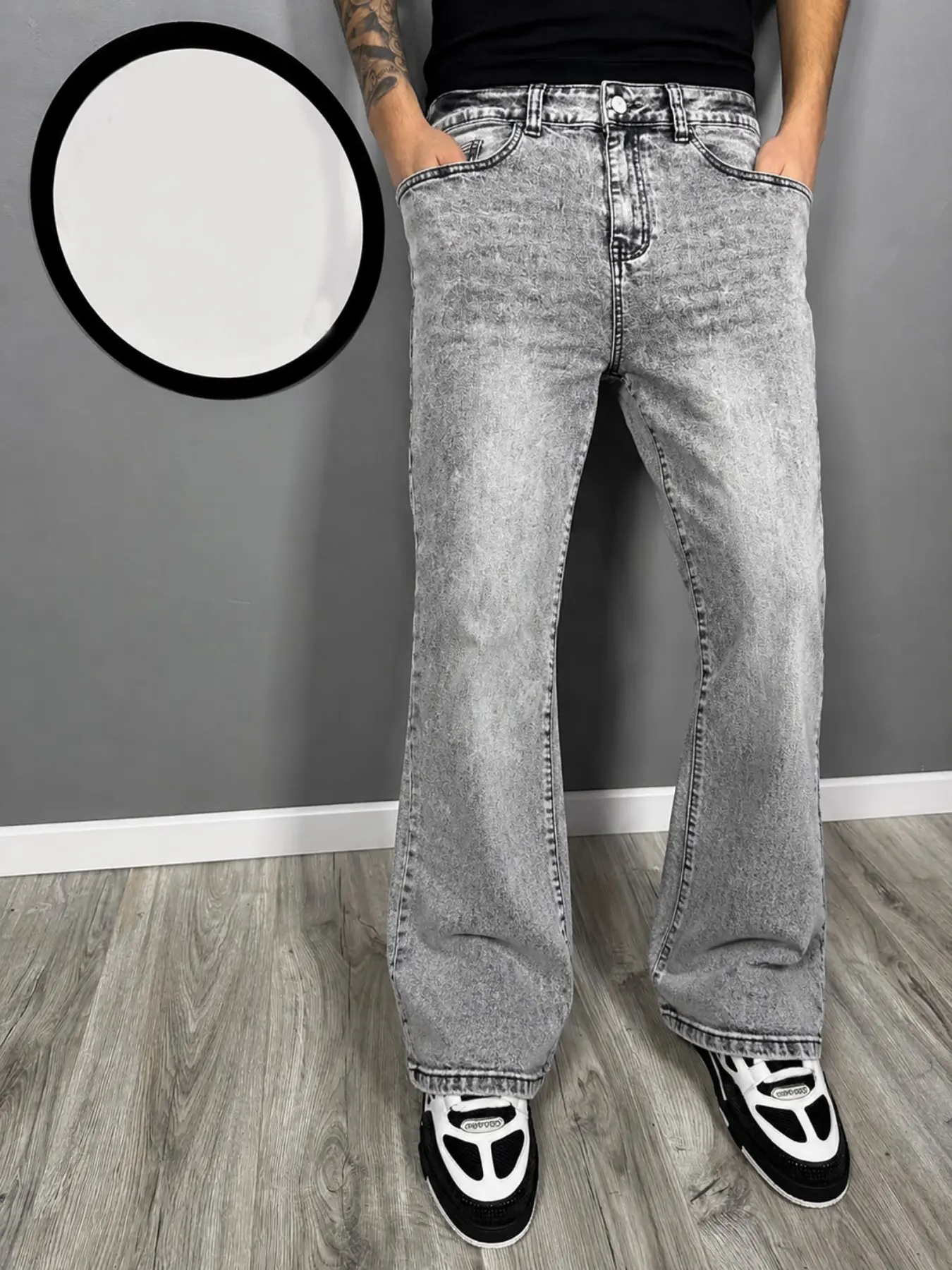 Vintage Washed Jeans for Men, Distressed Frayed Hem Slim-Fit Bootcut Pants, Streetwear Casual Daily Commute Jeans, All-Season Versatility