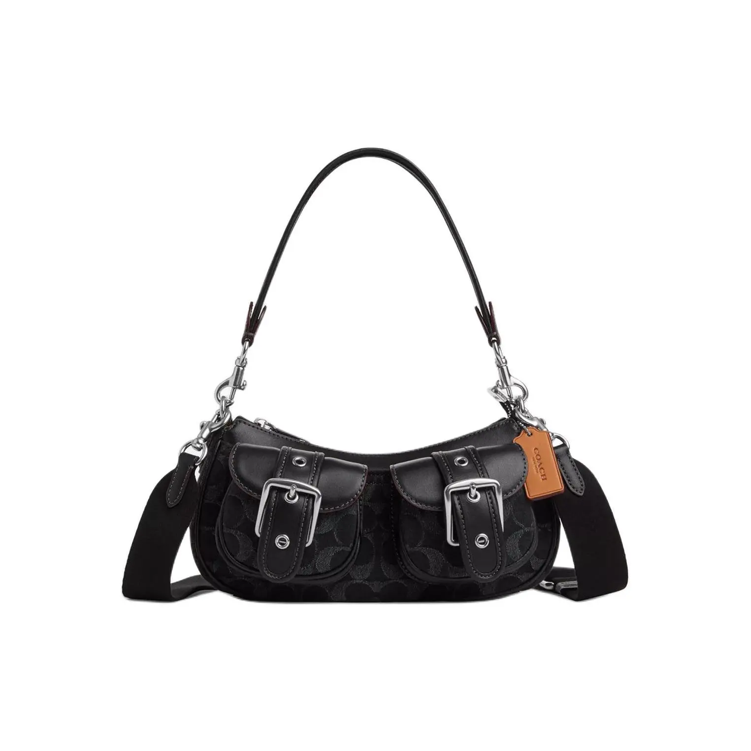 COACH Ashton Baguette 25 Top-Zip Crossbody Handbag for Women, Denim and Smooth Leather, Black