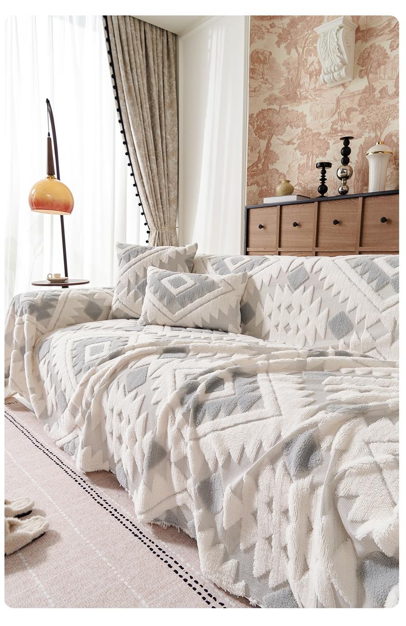 Bohemian Plush Sofa Throw Blanket, Geometric Pattern Design, Pet-Friendly, All-Season Use, Home Decor, Sofa Couch Covers, Sofa Slipcover