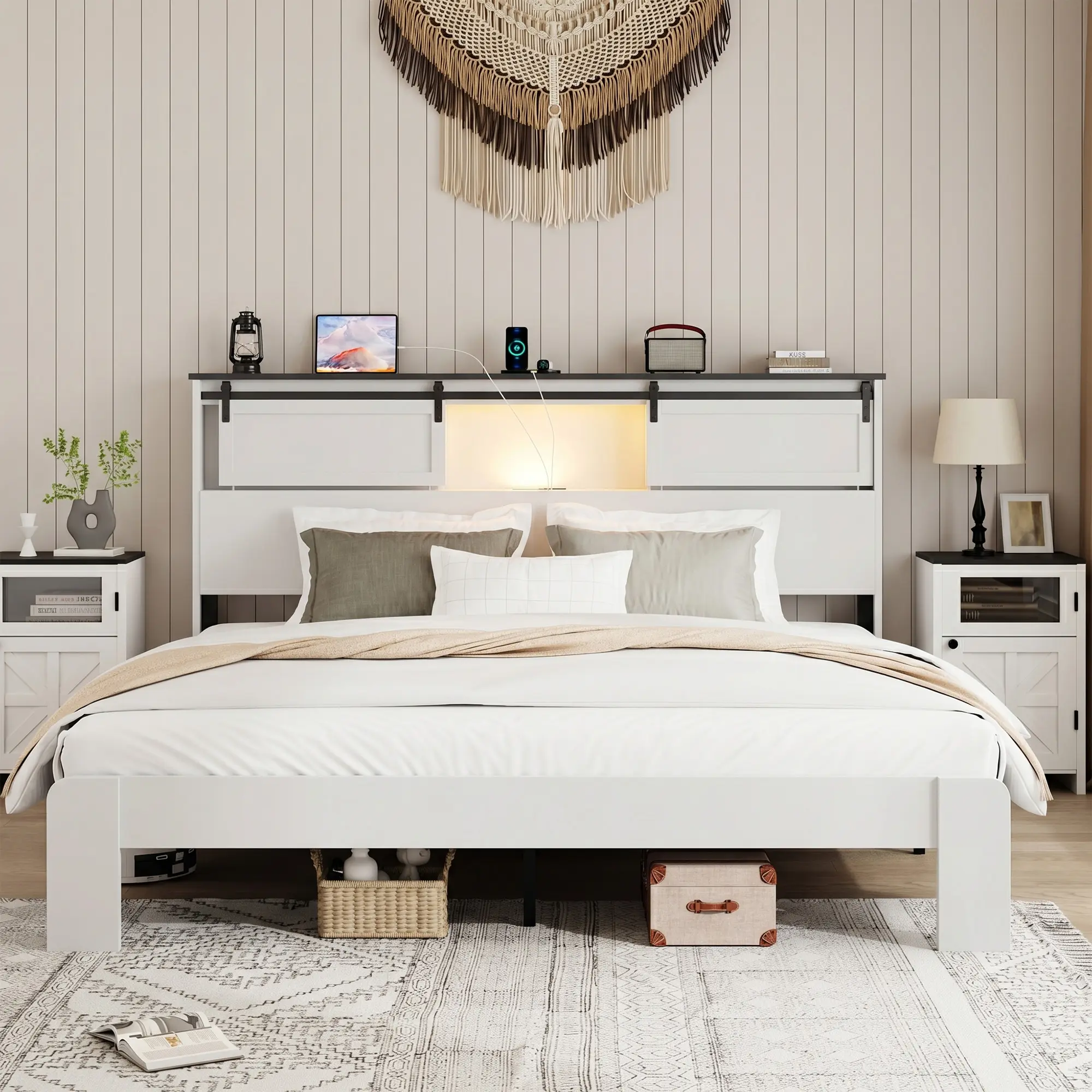 ARCH King Size Metal Bed Frame with Charging Station, Heavy Duty Steel Platform Bed No Box Spring Needed, Easy Assembly, Noise-Free, White Finish for Bedroom, Durable Support Frame, 1 Pack, Bedroom Furniture for Bedroom, Guest Room, Kids Room